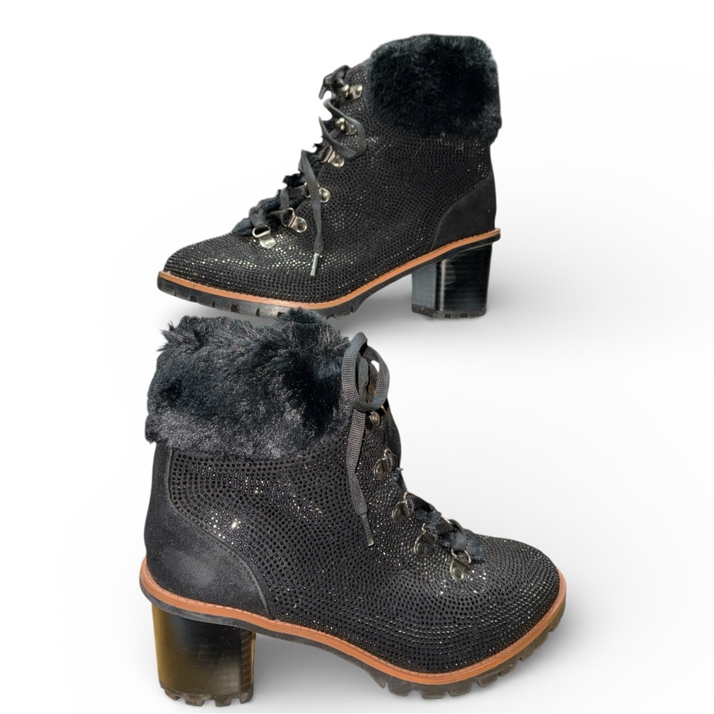 Nanette Lepore Black Beaded Faux Fur Ankle Boots Lace Up Chunky Heel Size 8M - Picture 3 of 10
